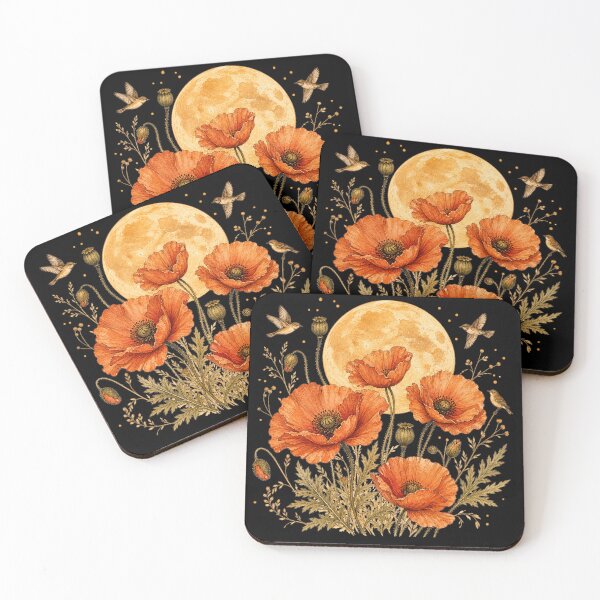 Item preview, Red Poppies Full Moon Songbirds Botanical designed and sold by SasmitaStudioCo.