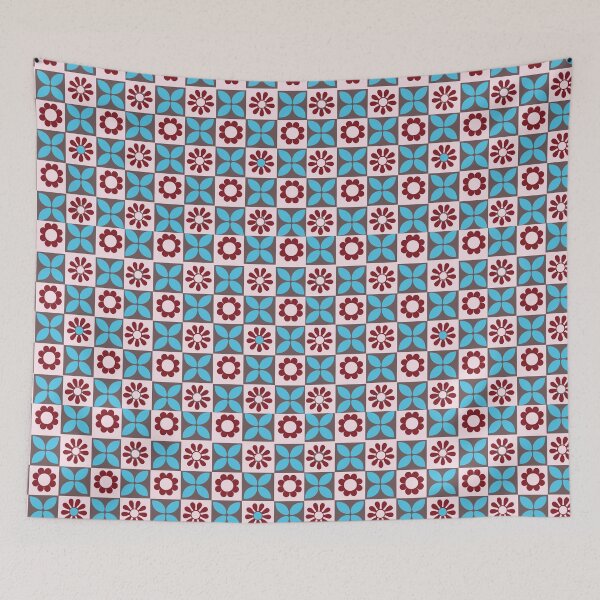 Item preview, Teal Maroon Mediterranean Tile Pattern with Floral Clover Motifs designed and sold by 555Design.