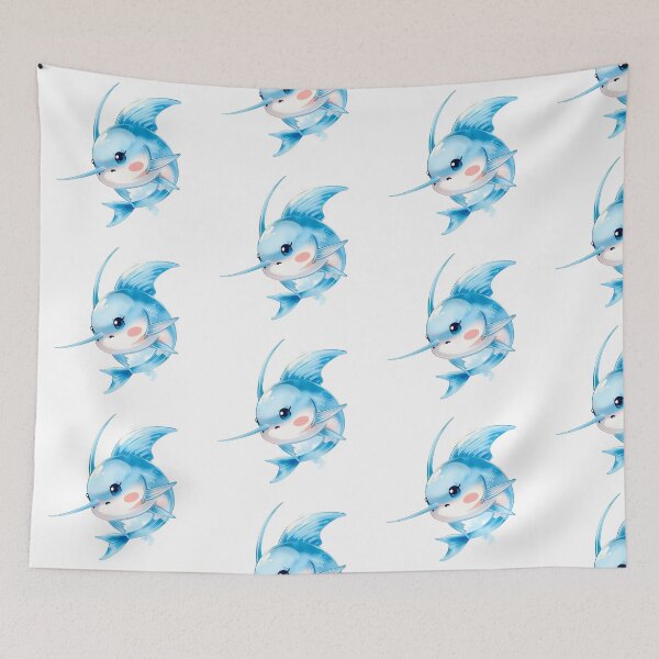 Item preview, Cute Kawaii Blue Swordfish Watercolor Illustration | Adorable Ocean Fish Cartoon | Pastel Marine Life Sticker designed and sold by PrintelloTH.