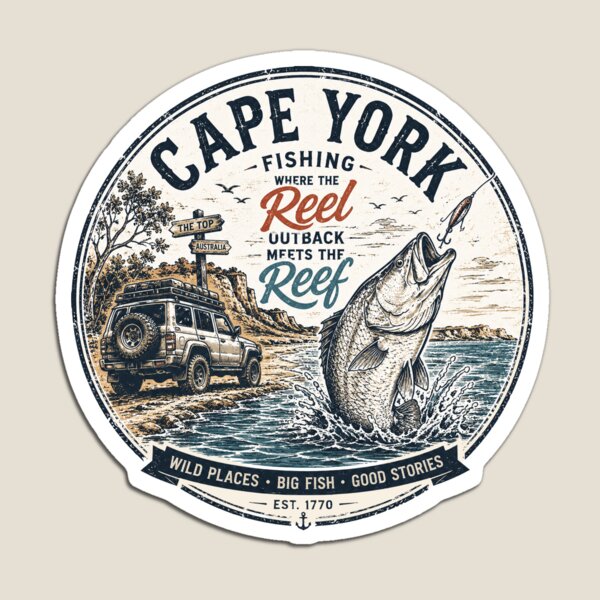 Item preview, Cape York Fishing Outback Meets The Reef Where the Reel Outback Meets the Reef Fishing Crew Fishing Pun Badge designed and sold by Yellowriversss.