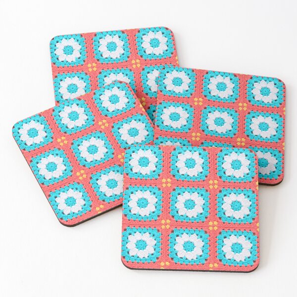 Item preview, Coral Turquoise White Crochet Granny Square Tropical designed and sold by LuisWorks.