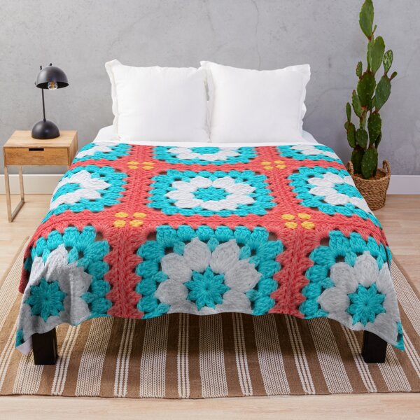 Item preview, Coral Turquoise White Crochet Granny Square Tropical designed and sold by LuisWorks.