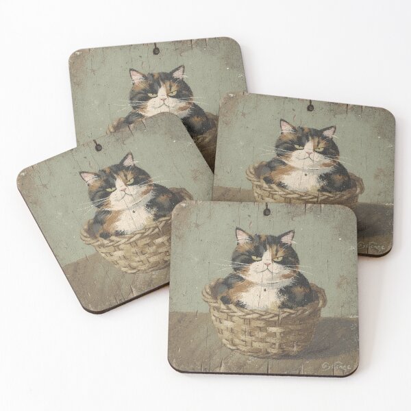 Item preview, Chubby Tortie in a Basket Folk Art designed and sold by PictorialWhimsy.