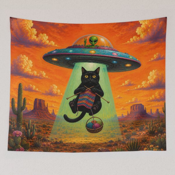 Item preview, Alien cat knitting in desert sunset designed and sold by Erlin Rudho.