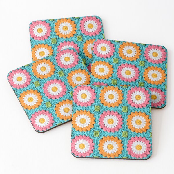 Item preview, Crochet Daisy Granny Square Pink Orange Turquoise designed and sold by LuisWorks.