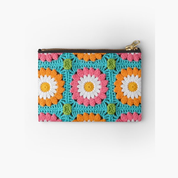 Item preview, Crochet Daisy Granny Square Pink Orange Turquoise designed and sold by LuisWorks.