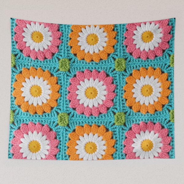Item preview, Crochet Daisy Granny Square Pink Orange Turquoise designed and sold by LuisWorks.