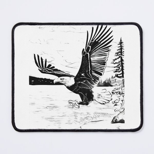 Item preview, Majestic Bald Eagle Hunting Over Mountain Lake – Black and White Wildlife Illustration designed and sold by Artisan Finds Online.