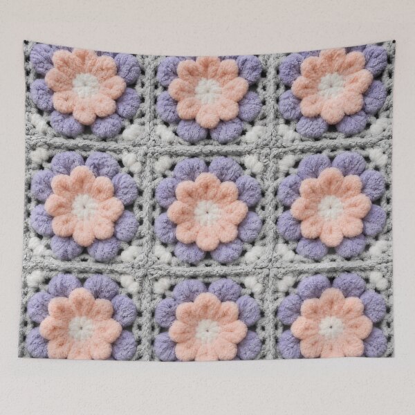 Item preview, Chenille Crochet Flower Square Peach Lavender Gray designed and sold by LuisWorks.