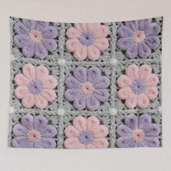 Aperçu de l'œuvre Carré de fleurs roses et lilas en crochet chenille duveteuse créée et vendue par LuisWorks.