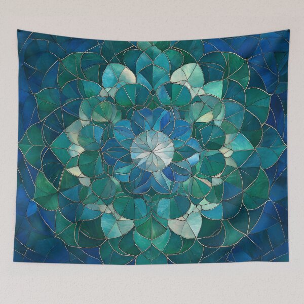 Item preview, Vintage Stained Glass Floral Mandala Blue Jade Mosaic Pattern designed and sold by GrinGalore.