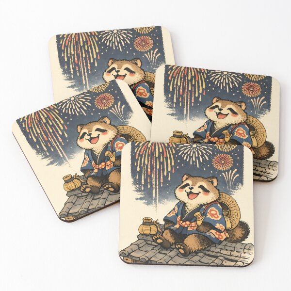 Item preview, Vintage Tanuki Matsuri - Japanese Ukiyo-e Fireworks Poster designed and sold by AuraArtistica.