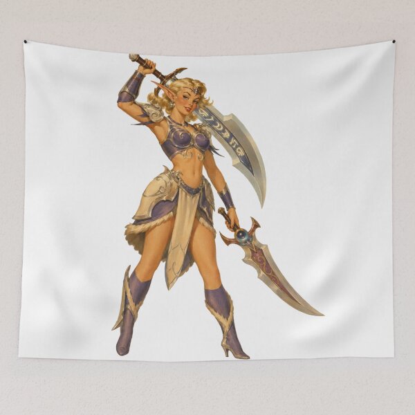 Item preview, Vintage Elf Warrior Pin Up | Fantasy Elven Dual Blade Girl Illustration designed and sold by Cosplayvintage.