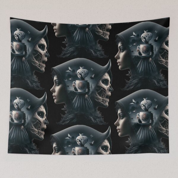 Item preview, Mad Tea Party Surreal Gothic Doll and Skull Art designed and sold by LujziWorld.