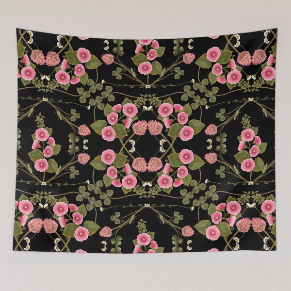 Item preview, Symmetrical Pink Mallows Black Botanical Pattern designed and sold by Grin Katalina Floral Patterns & Cozy Art.