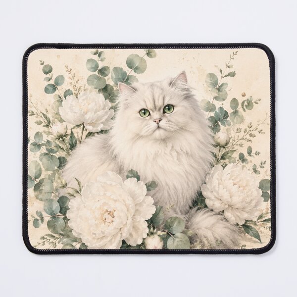 Item preview, Persian cat with white peonies | Botanical watercolor illustration designed and sold by Creative-Tin.