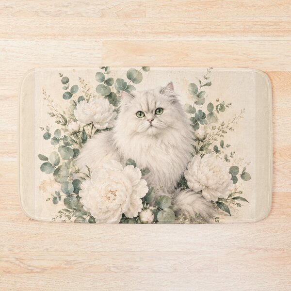 Item preview, Persian cat with white peonies | Botanical watercolor illustration designed and sold by Creative-Tin.