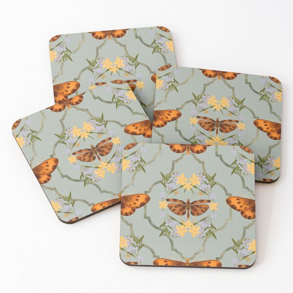 Item preview, Symmetrical Golden Moth Sage Green Pattern designed and sold by Grin Katalina Floral Patterns & Cozy Art.