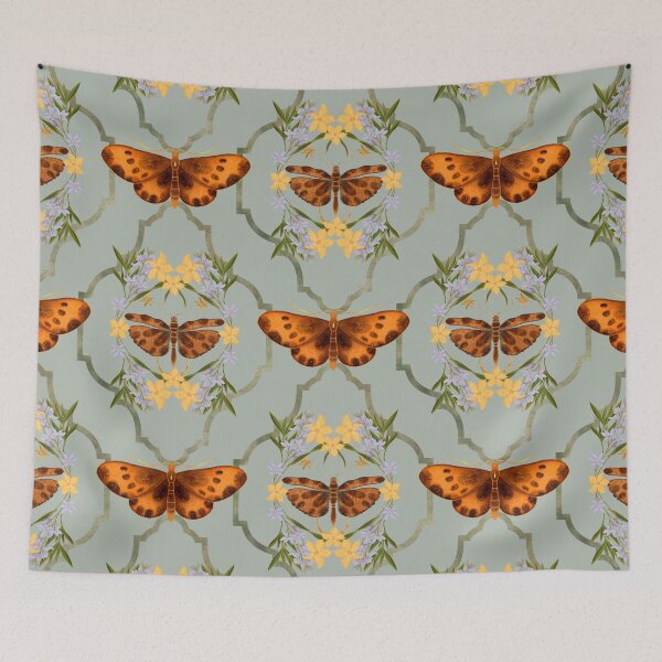 Item preview, Symmetrical Golden Moth Sage Green Pattern designed and sold by Grin Katalina Floral Patterns & Cozy Art.