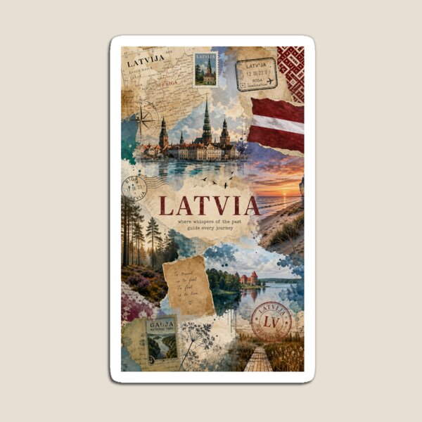 Item preview, Latvia Wanderlust – Surreal Travel Collage Art Design designed and sold by Jandedan.