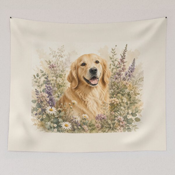 Item preview, Golden Retriever among wildflowers | Watercolor botanical illustration designed and sold by Creative-Tin.