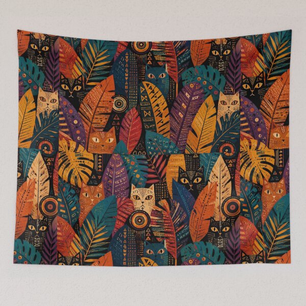 Item preview, Tribal Cats Among Patterned Tropical Leaves designed and sold by Mindworx21.