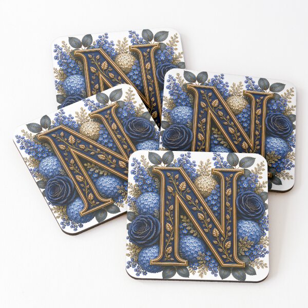 Item preview, Elegant Letter N Monogram with Blue Hydrangeas & Gold Botanical Design | Luxury Floral Initial Art designed and sold by MoodLay.