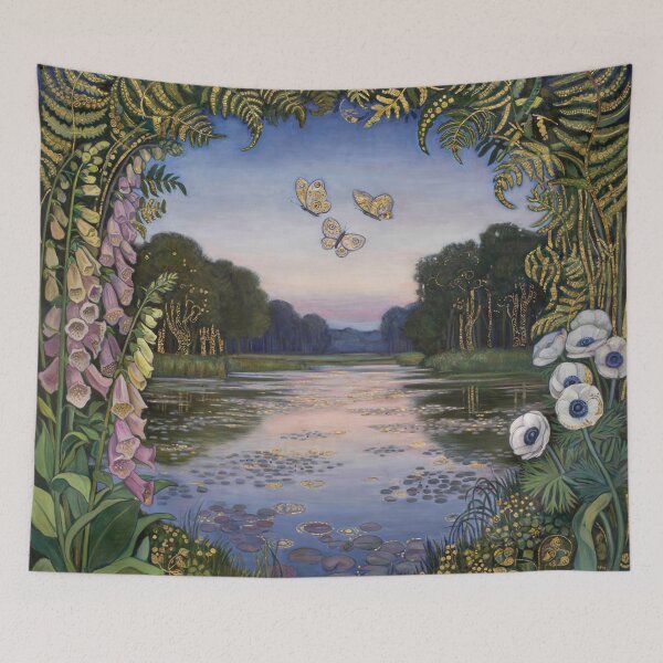Item preview, Klimt Inspired Woodland Pond at Twilight Botanical Gold Mosaic Art Print | Symbolist Forest Wall Decor designed and sold by Tamas Das.