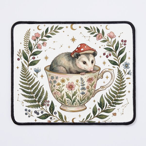 Item preview, Vintage Cottagecore Opossum in Teacup Mushroom Hat designed and sold by DreamyBrushArt.