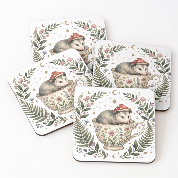 Item preview, Vintage Cottagecore Opossum in Teacup Mushroom Hat designed and sold by DreamyBrushArt.