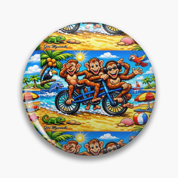 Item preview, Three Cheeky Monkeys on a Tropical Tandem – Glossy Beach Cartoon Art designed and sold by The Art Queen Of Michigan .