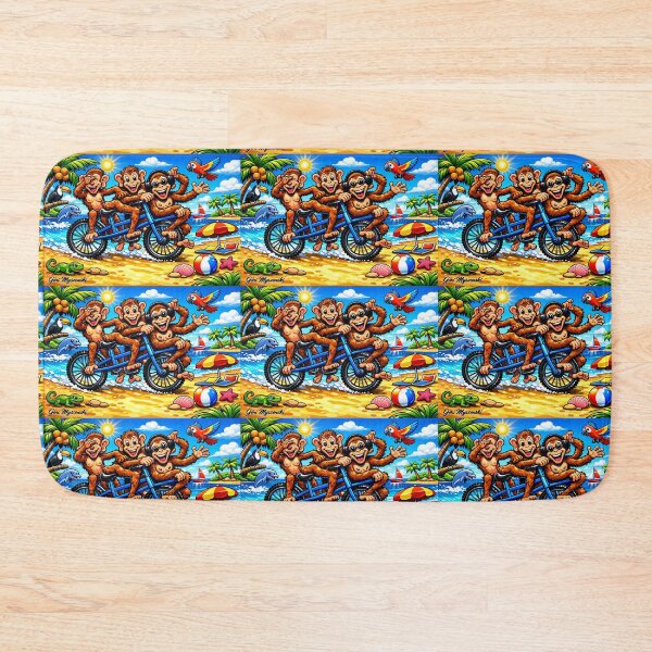 Item preview, Three Cheeky Monkeys on a Tropical Tandem – Glossy Beach Cartoon Art designed and sold by The Art Queen Of Michigan .