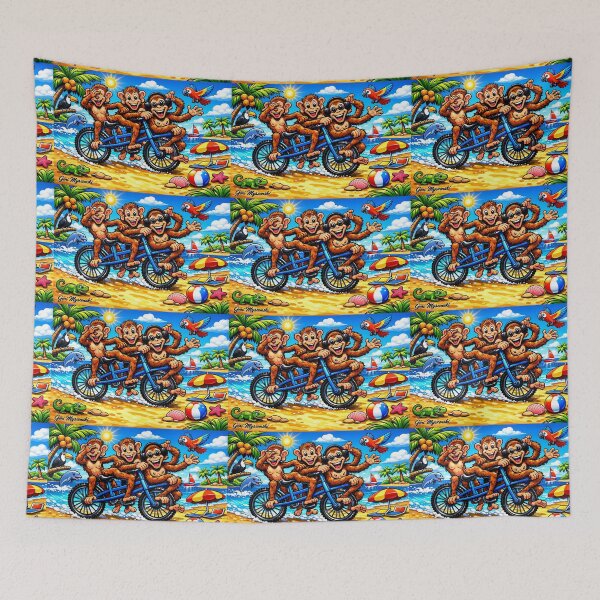 Item preview, Three Cheeky Monkeys on a Tropical Tandem – Glossy Beach Cartoon Art designed and sold by The Art Queen Of Michigan .