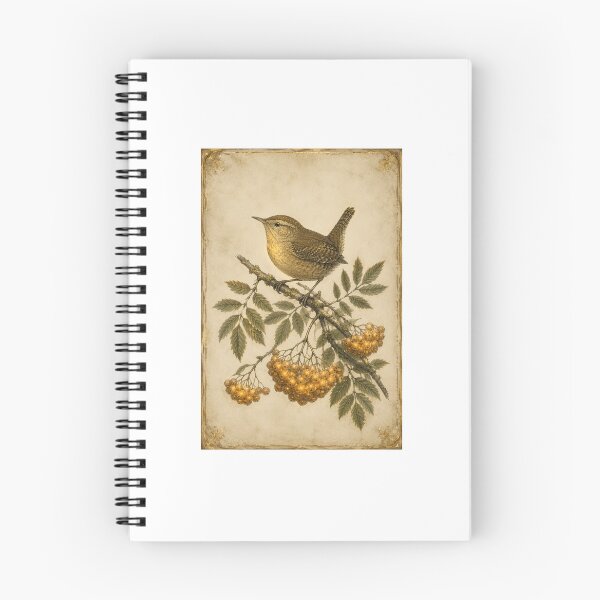 Item preview, Luminous Wren and Rowan Berry Print — Glowing Vintage Birdwatcher Gift Art designed and sold by Brackenlume Studio.