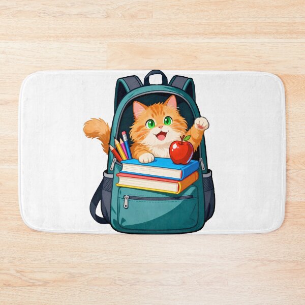 Item preview, Cute Ginger Cat Climbing Out of a School Backpack Filled with Supplies and a Red Apple designed and sold by OksArtStudio.