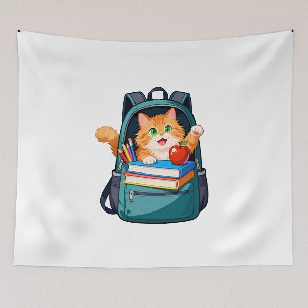 Item preview, Cute Ginger Cat Climbing Out of a School Backpack Filled with Supplies and a Red Apple designed and sold by OksArtStudio.