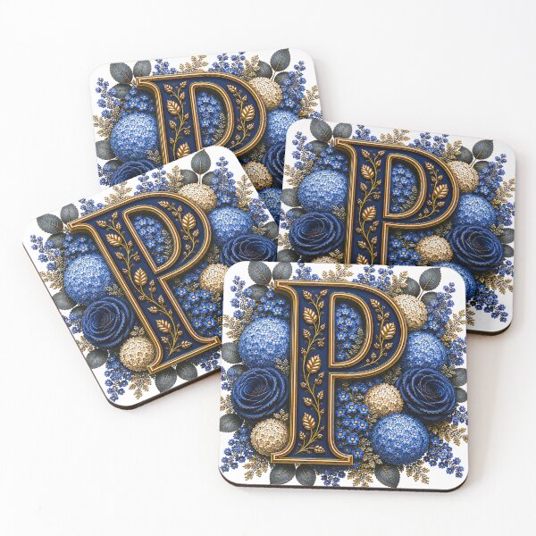 Item preview, Elegant Letter P Monogram with Blue Hydrangeas & Gold Botanical Design | Luxury Floral Initial Art designed and sold by MoodLay.