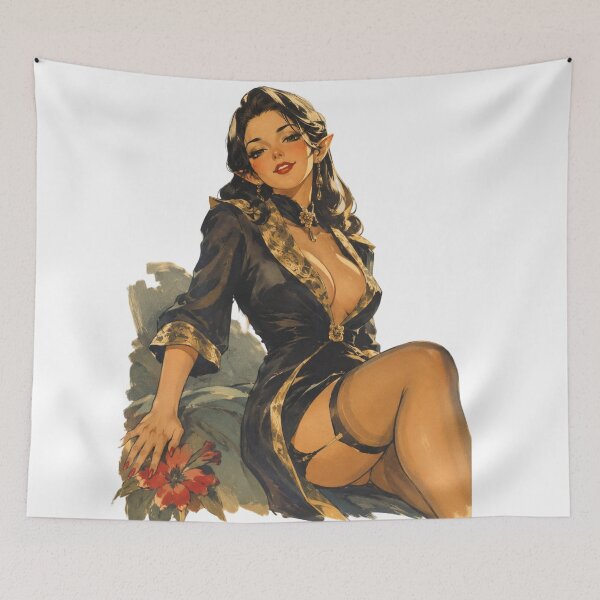 Item preview, Elegant Dark Elf Pin Up Girl | Fantasy Gothic Original Illustration designed and sold by Cosplayvintage.