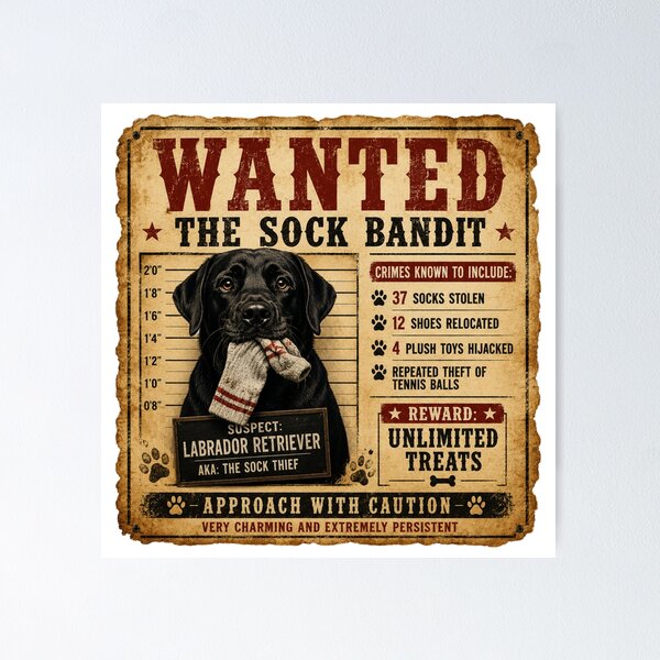 Aperçu de l'œuvre Recherché | Le voleur de chaussettes | T-shirt Labrador Retriever humoristique créée et vendue par Goodthingstree.