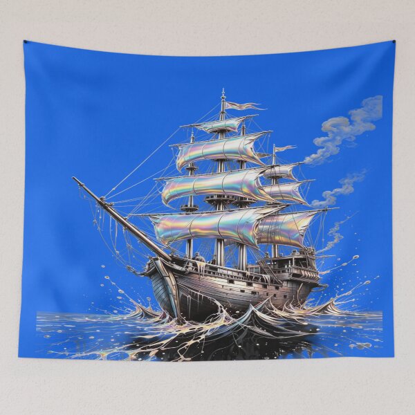Item preview, Holographic Ship with Rainbow Sails - Chrome Ship and Abstract Waves designed and sold by RAYBIL.