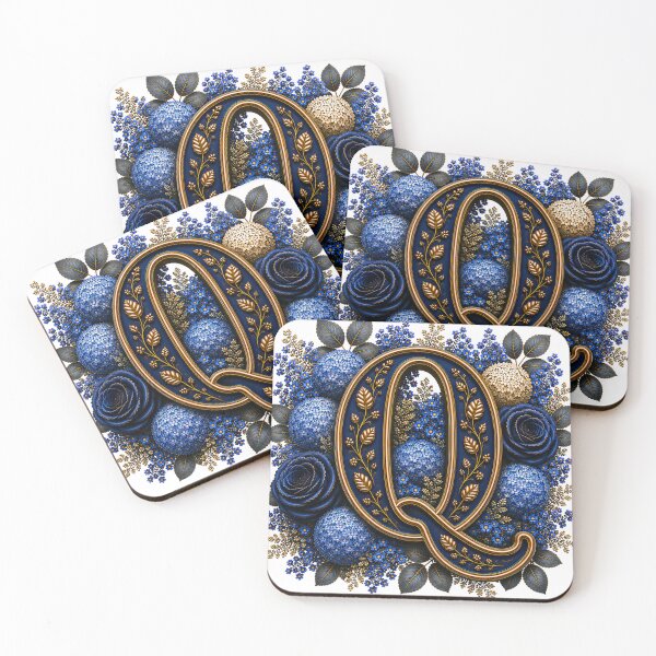 Aperçu de l'œuvre Monogramme élégant en forme de Q orné d'hortensias bleus et d'un motif botanique doré | Initiales florales de luxe créée et vendue par MoodLay.