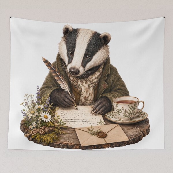 Item preview, Tea Time Letter Badger Woodland Writer designed and sold by Mosslume Studio.
