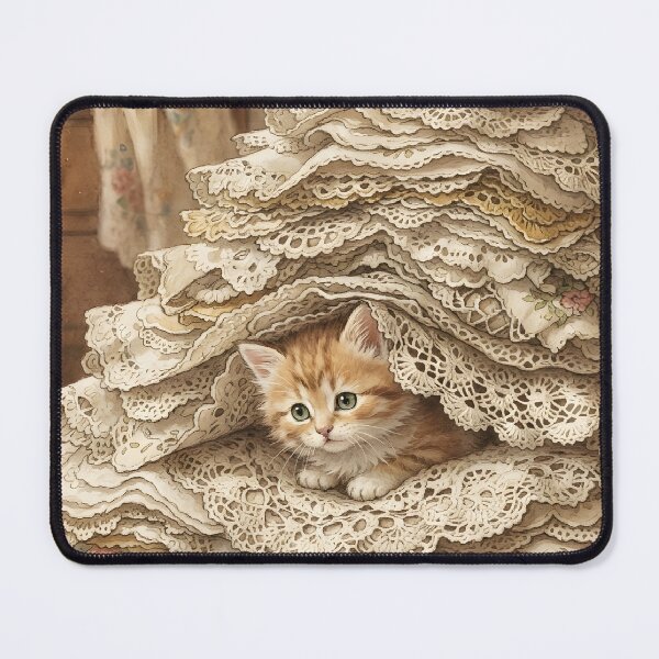 Item preview, Tiny Kitten Peeking from Giant Vintage Lace Doilies Miniature Illustration designed and sold by DuckOddity.