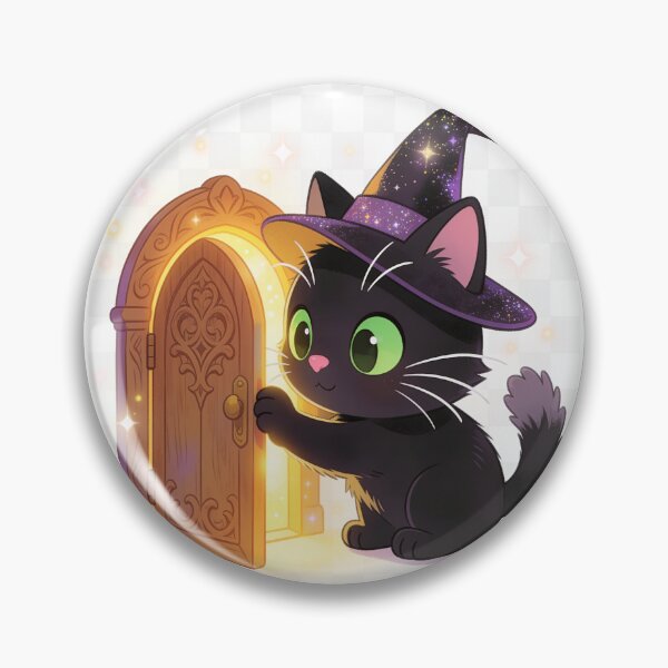 Item preview, Cute Black Cat Opening Golden Magic Door – Halloween Wizard Cartoon Illustration designed and sold by OksArtStudio.