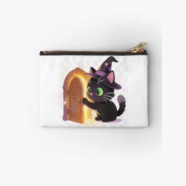Item preview, Cute Black Cat Opening Golden Magic Door – Halloween Wizard Cartoon Illustration designed and sold by OksArtStudio.