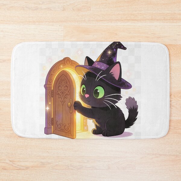Item preview, Cute Black Cat Opening Golden Magic Door – Halloween Wizard Cartoon Illustration designed and sold by OksArtStudio.