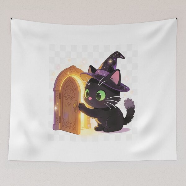 Item preview, Lindo gato negro abriendo una puerta mágica dorada – Ilustración de dibujos animados de un mago de Halloween designed and sold by OksArtStudio.