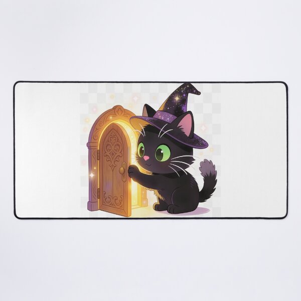 Item preview, Cute Black Cat Opening Golden Magic Door – Halloween Wizard Cartoon Illustration designed and sold by OksArtStudio.