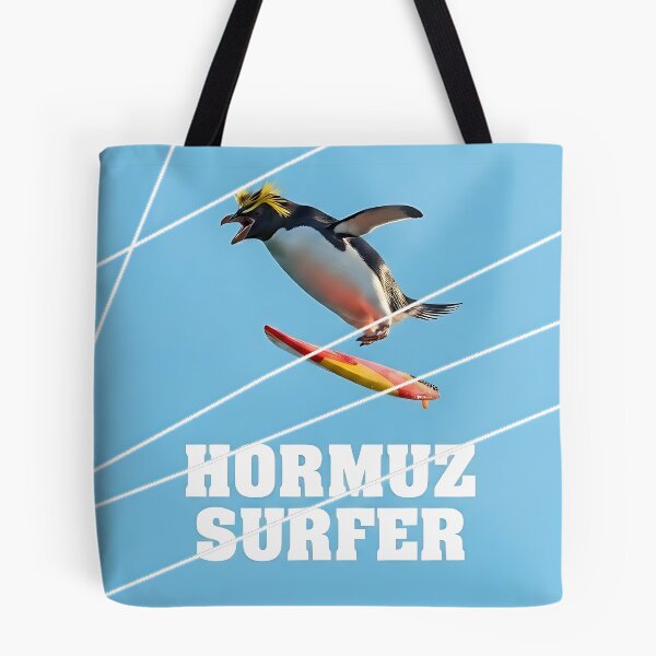 Aperçu de l'œuvre Hormuz Surfer - T-shirt graphique humoristique satirique et géopolitique avec un pingouin créée et vendue par ToxicInkArt.