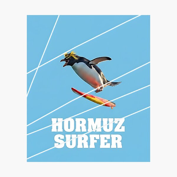 Item preview, Hormuz Surfer - Funny Geopolitical Satire Penguin Graphic Tee designed and sold by ToxicInkArt.
